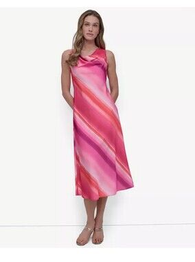 DKNY Petite 2P Pink Watercolor Print Sleeveless Midi Dress Cowl Neck NWT